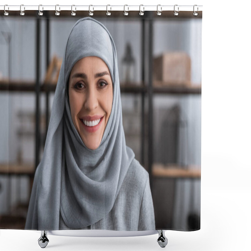 Personality  Smiling Muslim Woman In Hijab Looking At Camera In Living Room, Domestic Violence Concept   Shower Curtains