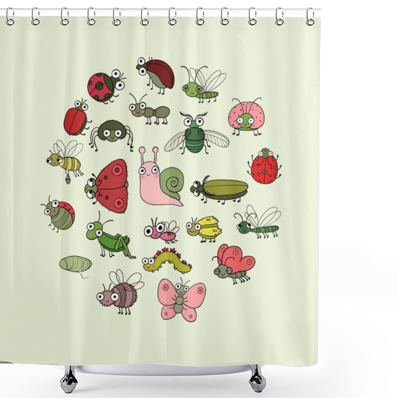 Personality  Cute Cartoon Insects. Funny Butterflies, Beetles, Flies, Mosquitoes And Snail. Vector Shower Curtains