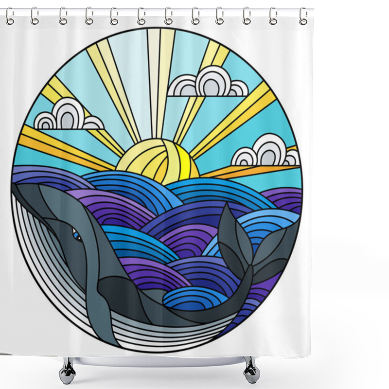 Personality  Illustration In Stained Glass Style Whale Into The Waves, Sunny Sky And Clouds, Round Image Shower Curtains