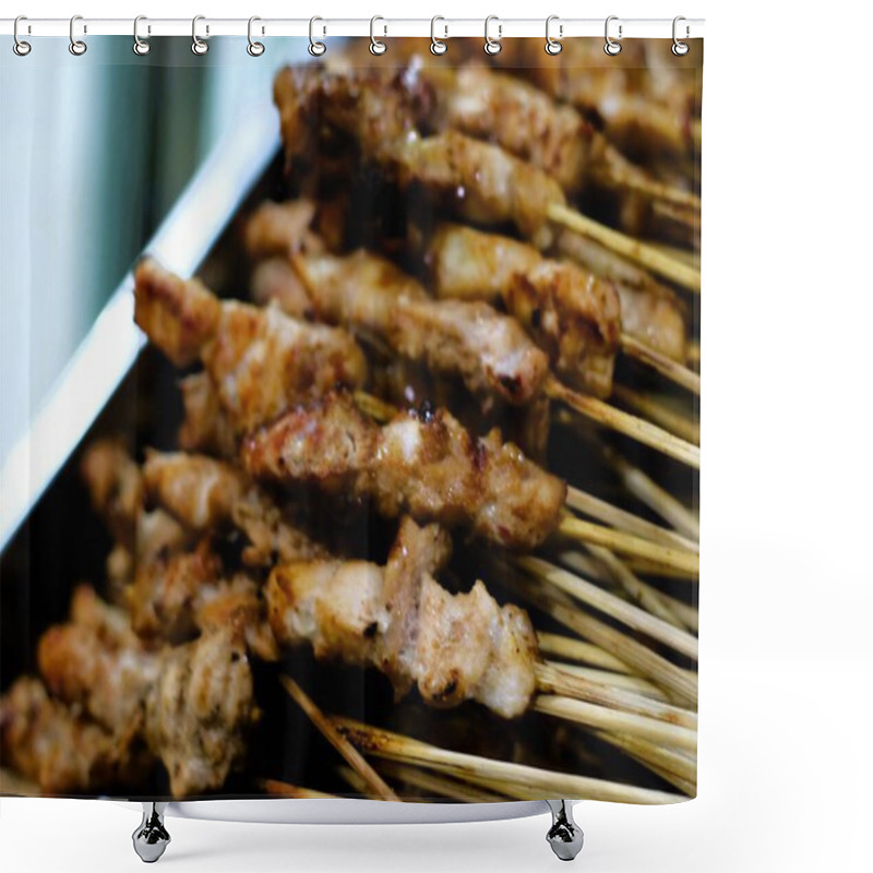 Personality  Sate Ayam, Grilled Chicken Satay, A Classic Indonesian Dish, Features Skewered Chicken Cooked Over Embers, Served With A Rich Peanut Sauce And A Side Of Fiery Sambal For A Truly Authentic Taste Of Indonesia.  Shower Curtains