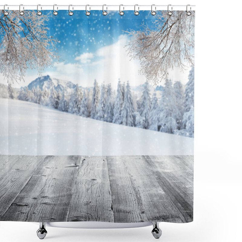 Personality  Winter Landscape With Wooden Planks Shower Curtains