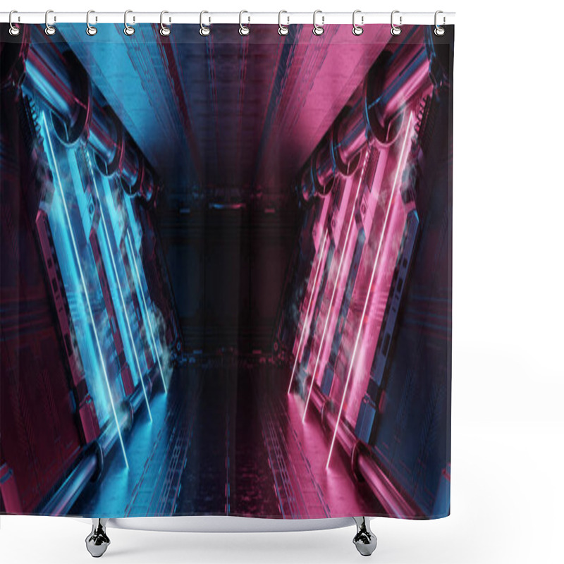 Personality  Blue And Pink Spaceship Interior With Neon Lights On Panel Walls. Futuristic Modern Corridor In Space Station Background. 3d Rendering Shower Curtains