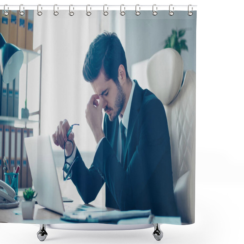 Personality  Portrait Of Young Minded Overworked Student  Holding His Glasses Shower Curtains