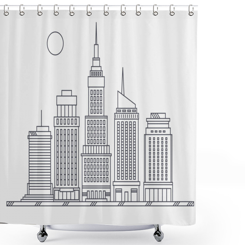 Personality  Business Center Of Big City Street Skyscrapers Megapolis Buildings Concept Real Estate Architecture, Commercial Building And Offices Drawing In Linear Flat Design. Shower Curtains