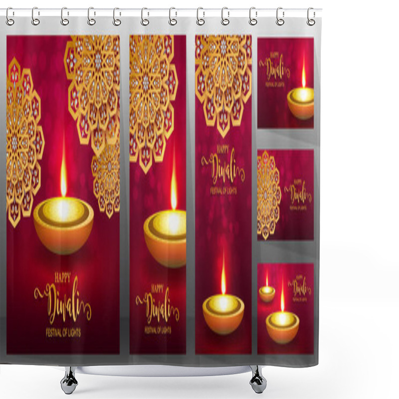 Personality  Happy Diwali Festival Card With Gold Diya Patterned And Crystals On Paper Color Background. Shower Curtains