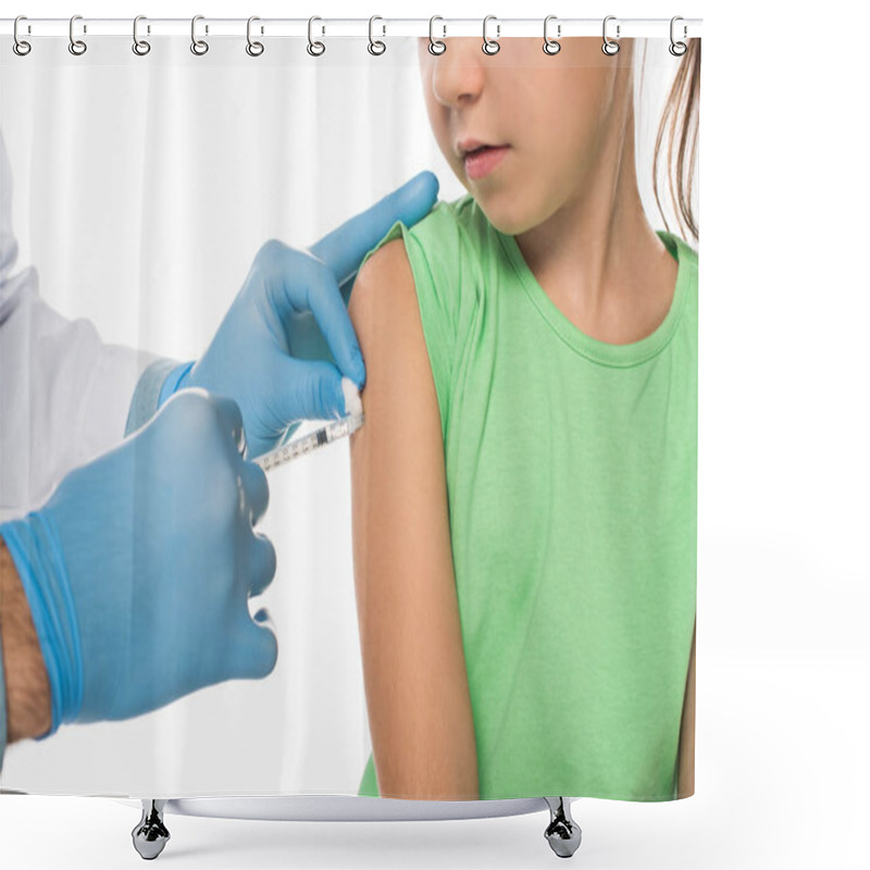 Personality  Cropped View Of Pediatrician Doing Vaccine Injection In Kid Shoulder Isolated On White Shower Curtains