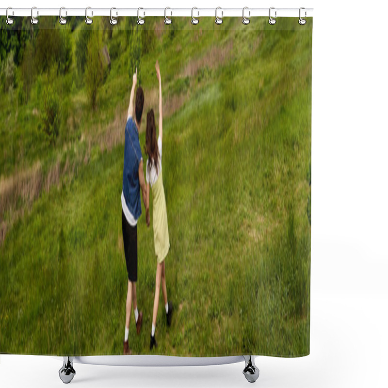 Personality  Back View Of Man In Denim Vest Pointing With Finger While Holding Hand Of Brunette Girlfriend In Sundress And Standing Together On Hill With Green Grass, Countryside Adventure And Love Story, Banner Shower Curtains