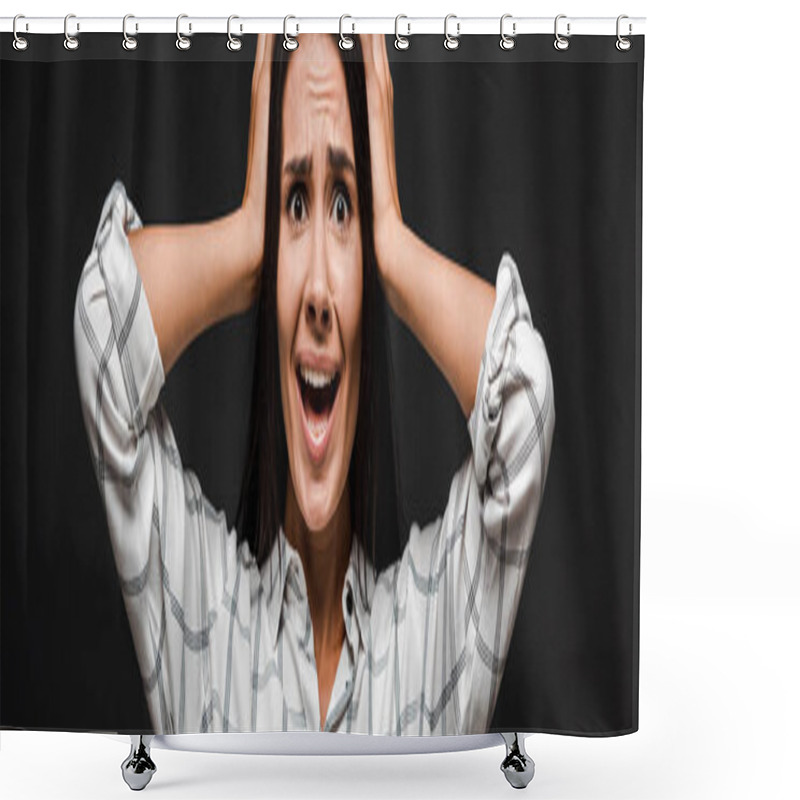 Personality  Panoramic Shot Of Scared Woman Holding Head Isolated On Black  Shower Curtains