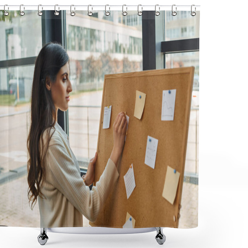 Personality  A Dynamic Female Entrepreneur Stands Confidently In Front Of A Board Filled With Strategic Plans And Ideas In A Modern Office Space. Shower Curtains