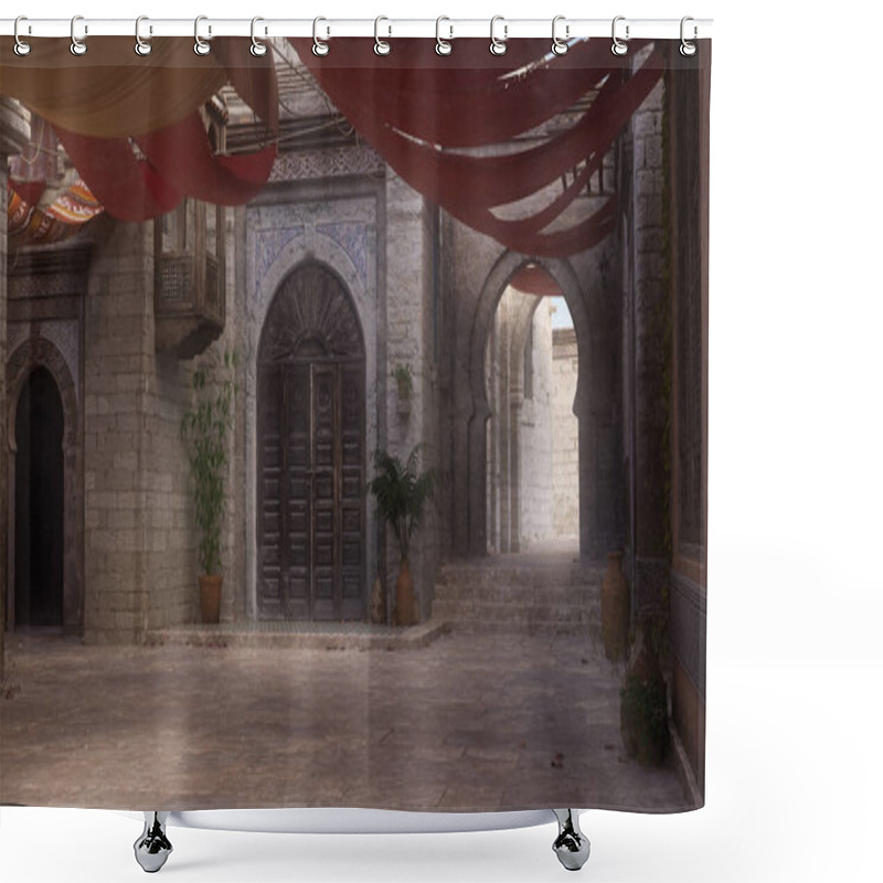 Personality  Empty Shaded Courtyard In A Medieval Arabian City Street With Patches Of Sunlight. 3D Illustration. Shower Curtains