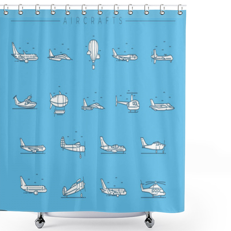 Personality  Aircrafts Concept Line Style Vector Icons Set. Shower Curtains