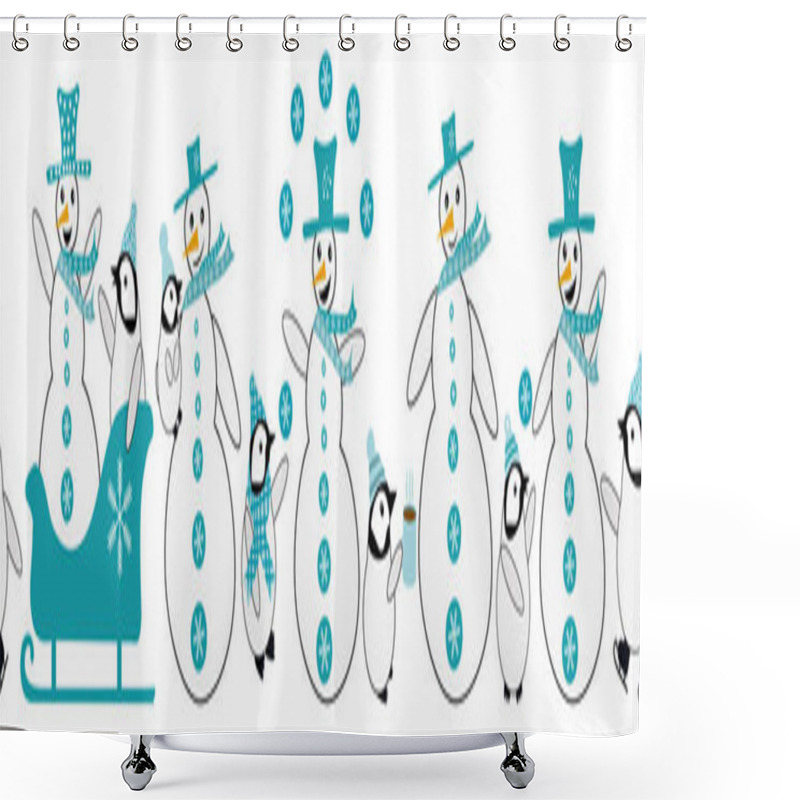 Personality  Snowman And Baby Penguin Seamless Vector Border. Fun Blue White Banner With Smiling, Laughing Snowmen, Little Penuins Dressed In Hats, Scarves. Antarctic Animals Ice-skating, Sledging Winter Scene Shower Curtains