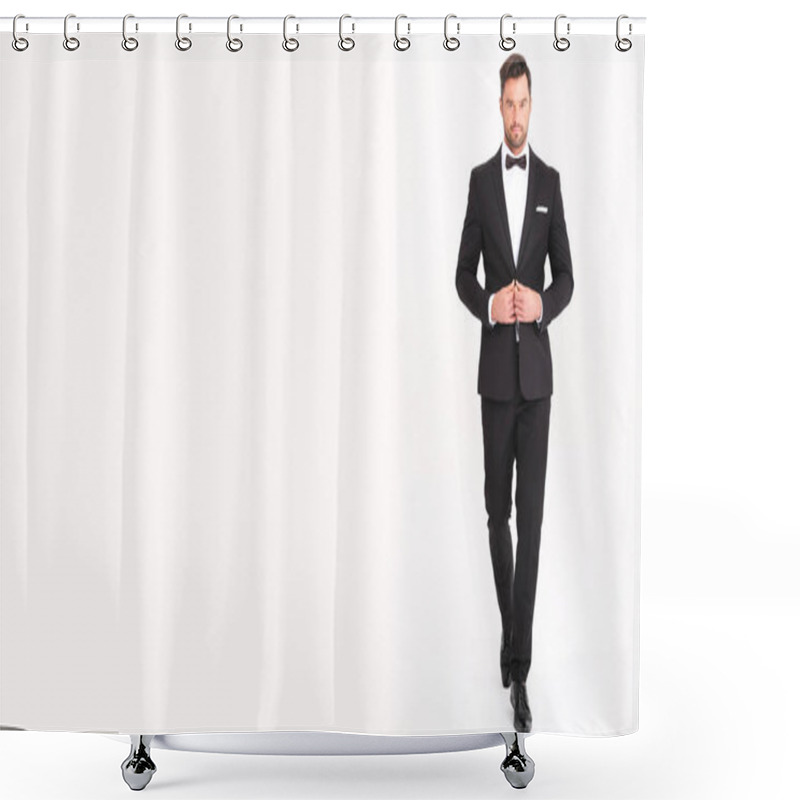 Personality  Handsome Man In Classic Black Suit Looks Very Elegant. Shower Curtains