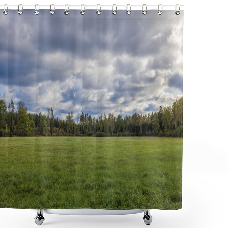 Personality  Beautiful Landscape Overlooking Field With Green Grass On Backdrop Cloudy Sky And Autumn Forest.  Sweden. Shower Curtains