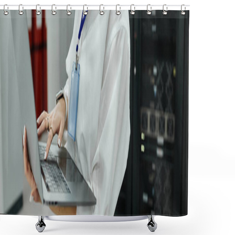 Personality  A Woman In A White Shirt Works Expertly In A Modern Server Room, Ensuring System Security, Banner Shower Curtains