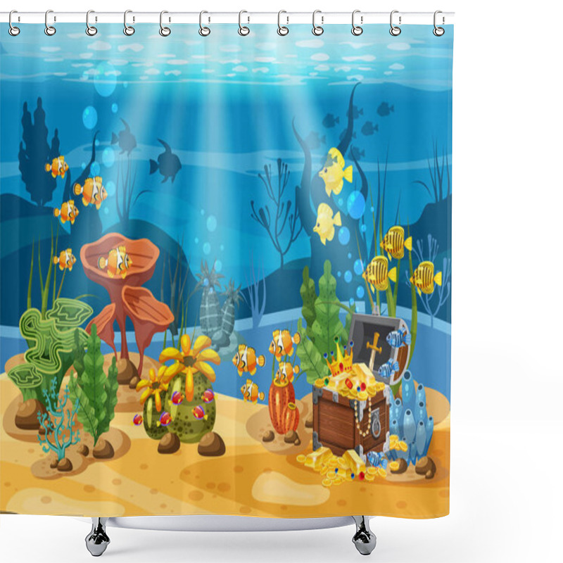 Personality  Underwater Treasure, Chest At The Bottom Of The Ocean, Gold, Jewelry On The Seabed. Underwater Landscape, Corals, Seaweed, Tropical Fish, Vector, Cartoon Style, Isolated Shower Curtains