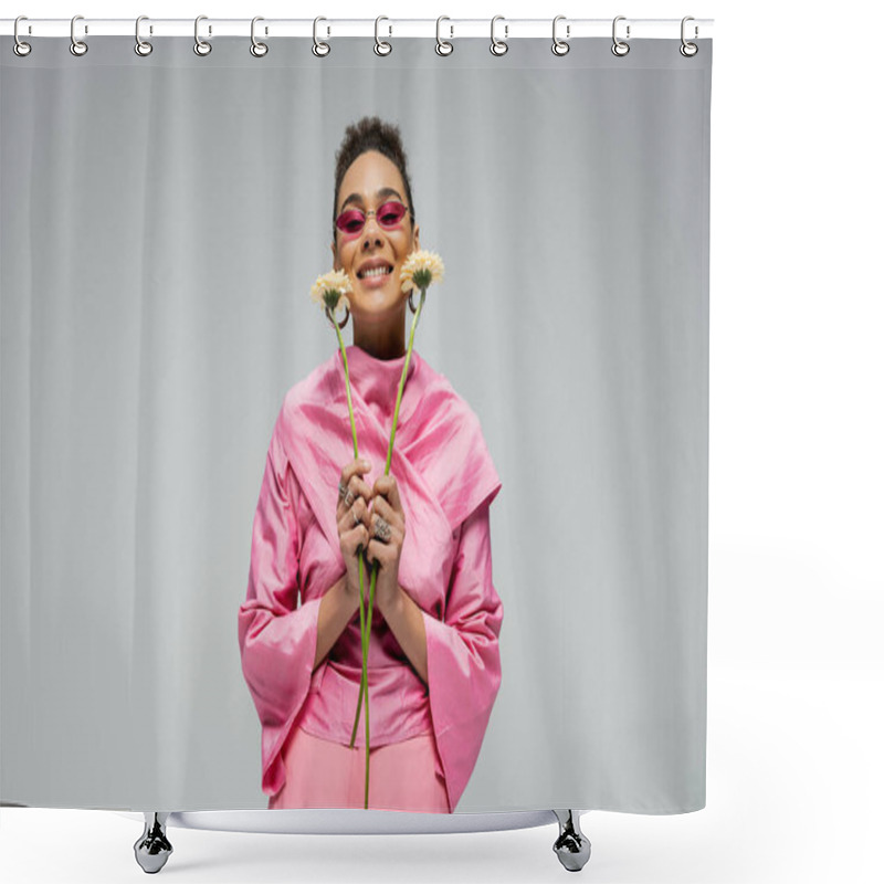 Personality  Pleased African American Woman In Pink Attire And Sunglasses Posing With Flowers On Grey Backdrop Shower Curtains