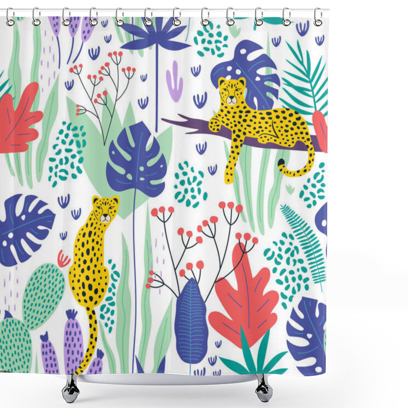 Personality  Seamless Pattern With Leopards And Tropical Leaves. Vector Shower Curtains