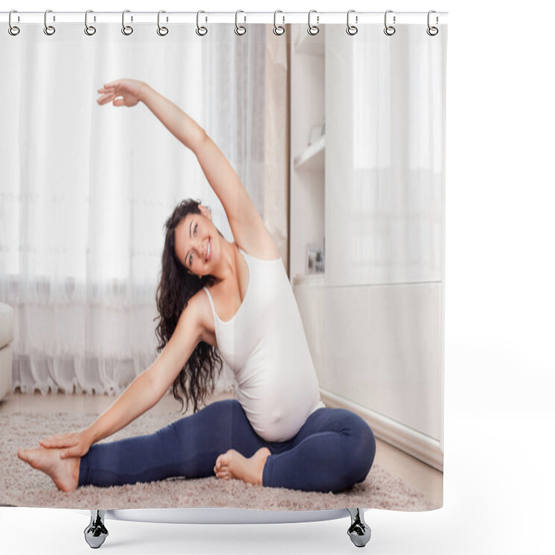 Personality  Cheerful Young Pregnant Woman Is Doing Exercise Shower Curtains