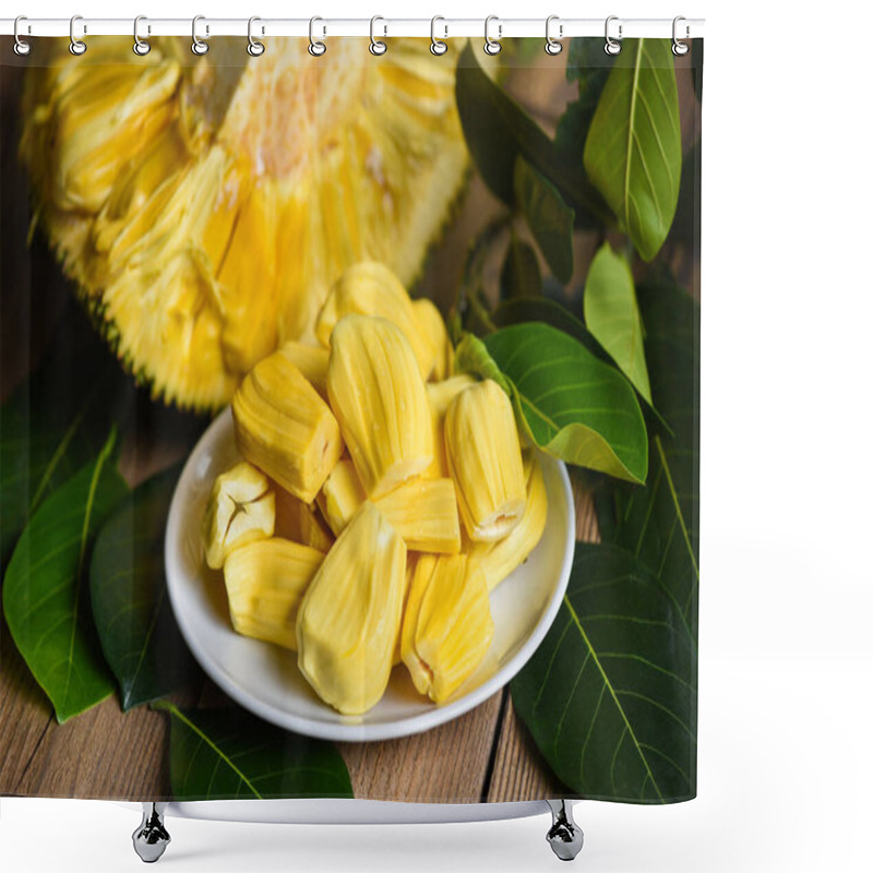 Personality  A Beautiful Shot Of A White Plate Full Of Peeled Jackfruit Shower Curtains