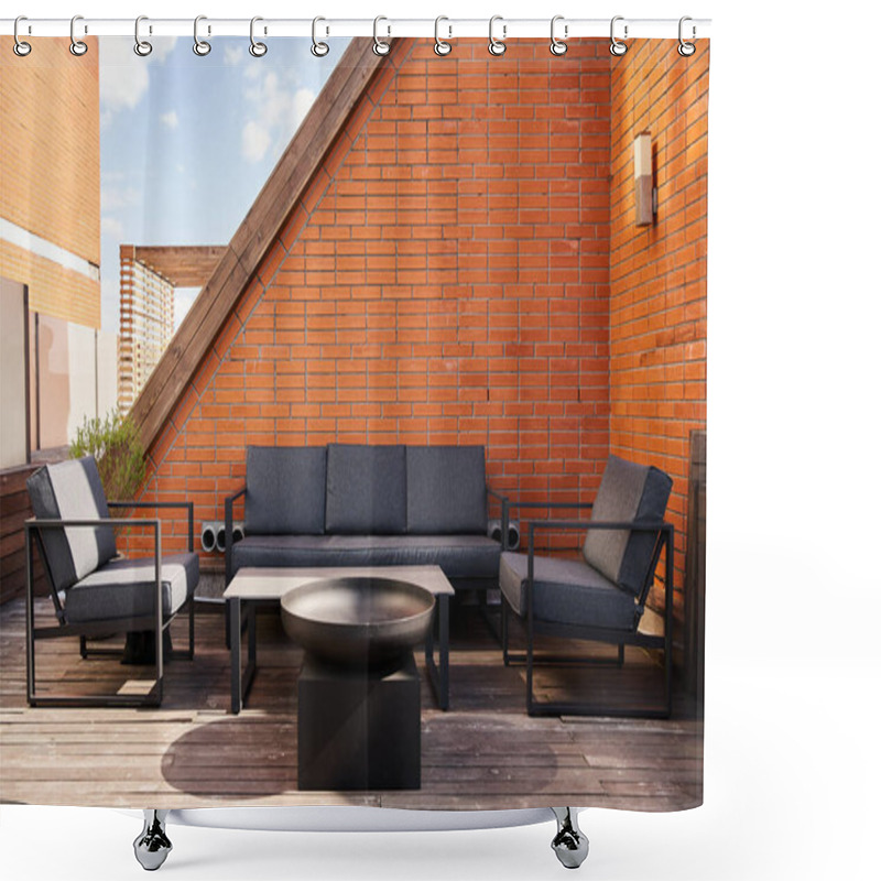 Personality  A Cozy Setup Of A Couch And Chairs On A Wooden Deck, Surrounded By Nature, Perfect For Relaxing Or Entertaining Outdoors Shower Curtains