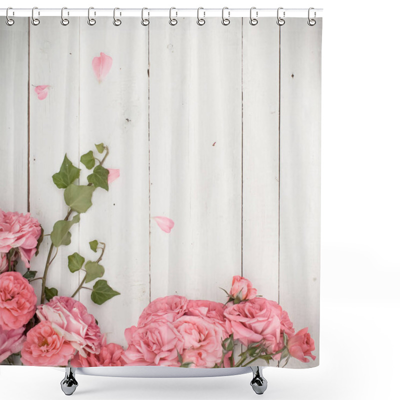 Personality  Romantic Pink Roses And Branches Of Ivy On White Wooden Background Shower Curtains