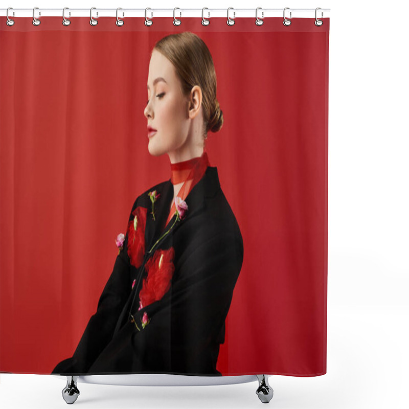 Personality  A Beautiful Young Woman Adorned With Flowers Exudes Elegance And Poise. Shower Curtains