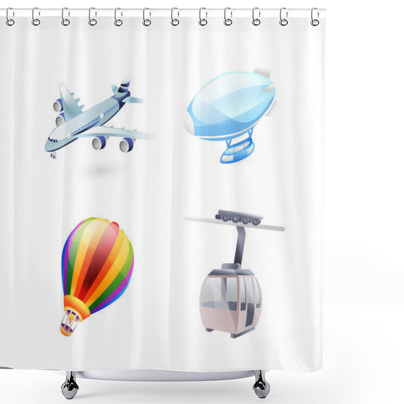 Personality  Set Of Illustrations Of Air Transport, Airplane, Airship, Balloon, Cable Car, Realistic In 3d Style. Shower Curtains