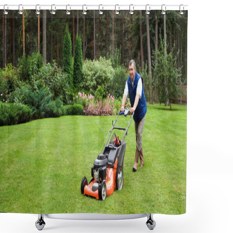 Personality  Senior Man Mowing The Lawn. Shower Curtains