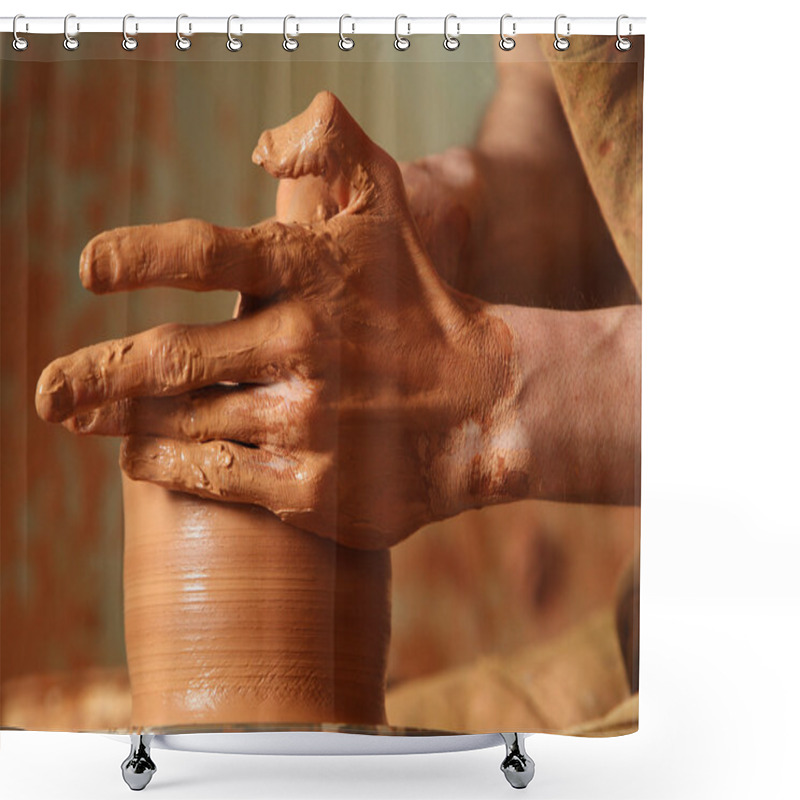 Personality  Hands Of Potter Do A Clay Pot Shower Curtains