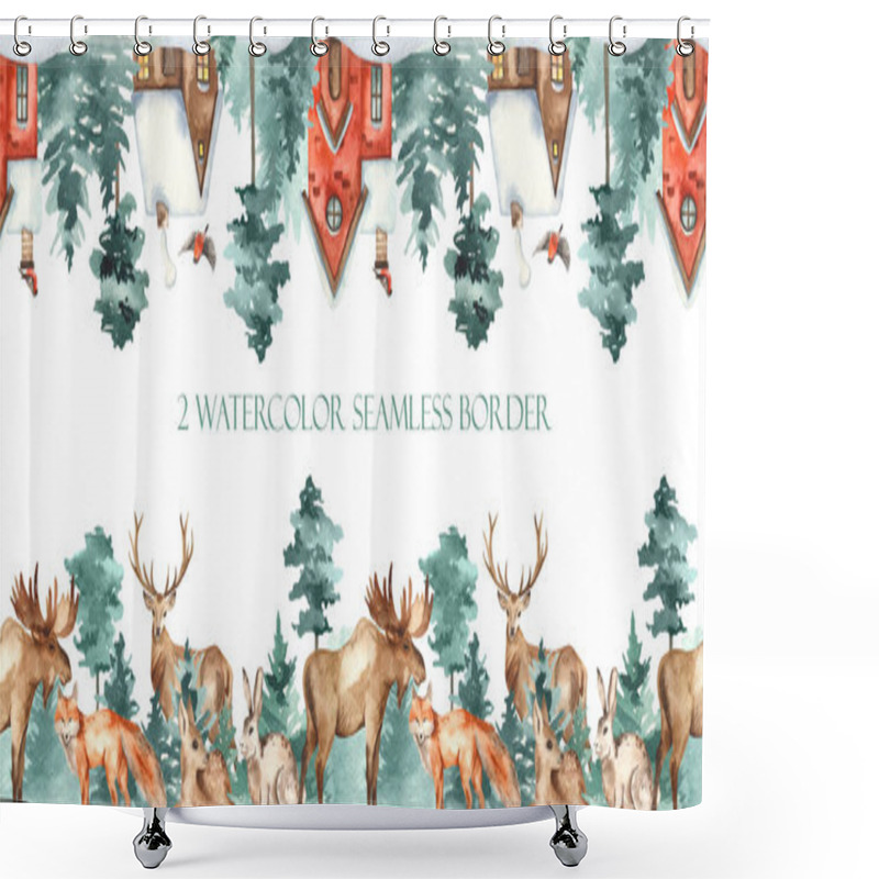 Personality  Watercolor Seamless Borders With Forest Animals, Winter Houses, Pine Forest With Fir Trees, Pines Shower Curtains