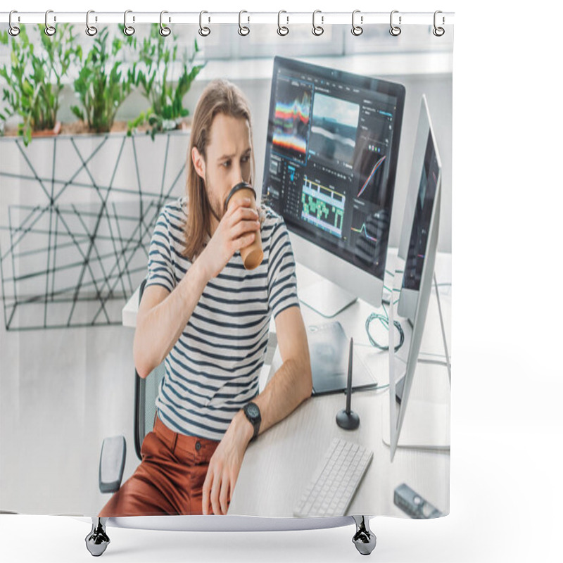 Personality  Art Editor Looking At Computer Monitor While Drinking Coffee To Go  Shower Curtains