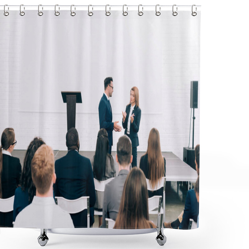 Personality  Colleagues Talking In Front Of Multicultural Audience During Seminar In Conference Hall Shower Curtains