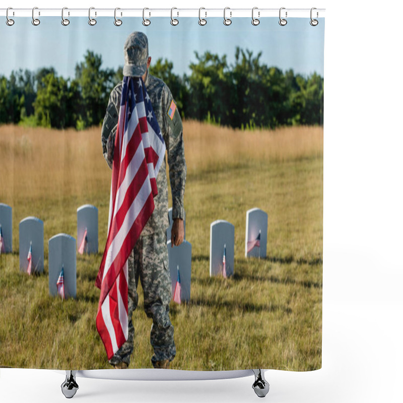 Personality   Soldier In Camouflage Uniform Covering Face With American Flag And Standing In Graveyard  Shower Curtains