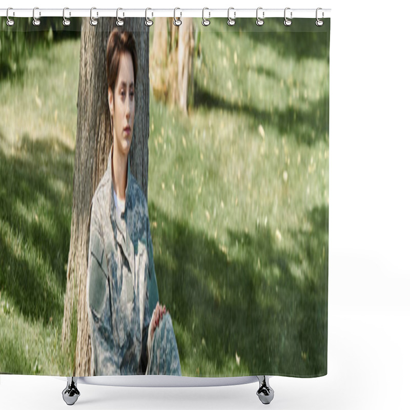 Personality  A Young Woman In Military Uniform Enjoys A Moment Of Reflection Upon Returning Home Outdoors. Shower Curtains