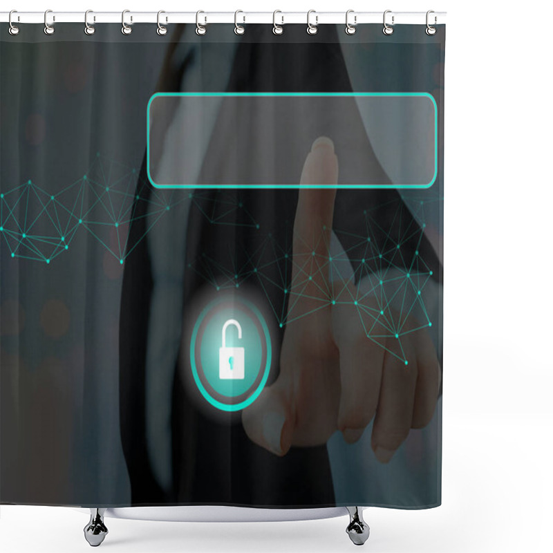 Personality  Graphics Of Latest Digital Technology Protection Data Padlock Security On The Virtual Display. Businessman With Lock To Secure. Shower Curtains