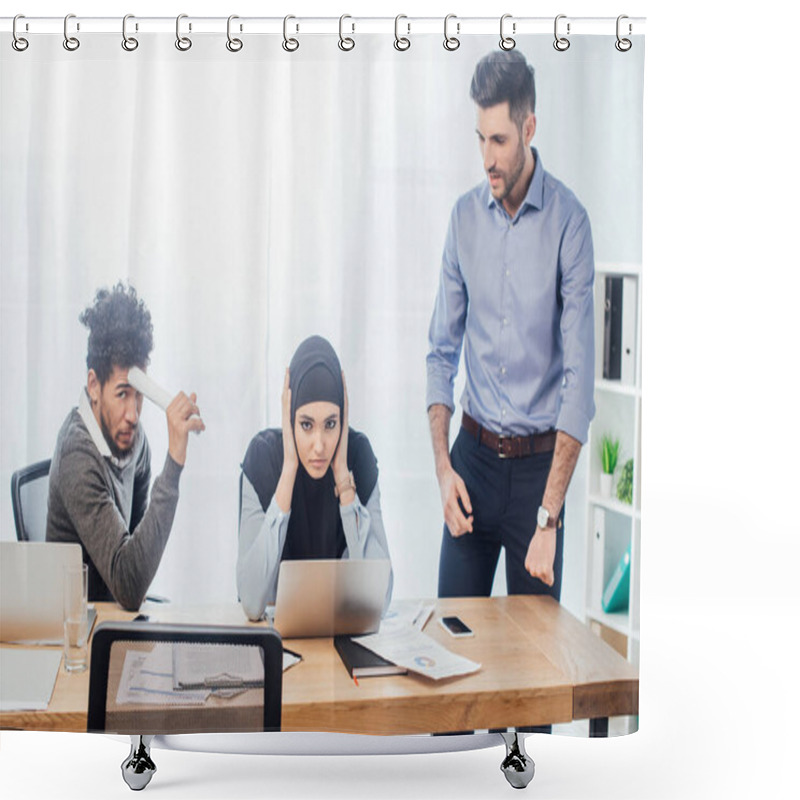 Personality  Muslim Businesswoman Covering Ears Near Multiethnic Colleagues In Office  Shower Curtains