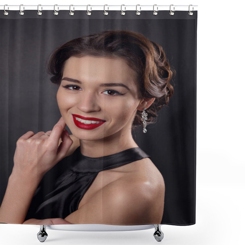 Personality  Beautiful Gorgeous Woman With Elegant Wavy Hairstyle, Bright Make Up. Fashion Brunette Wearing Black Dress Posing Isolated On Black Background. Classic Makeup In Eyelid Arrows And Red Lipstick Shower Curtains