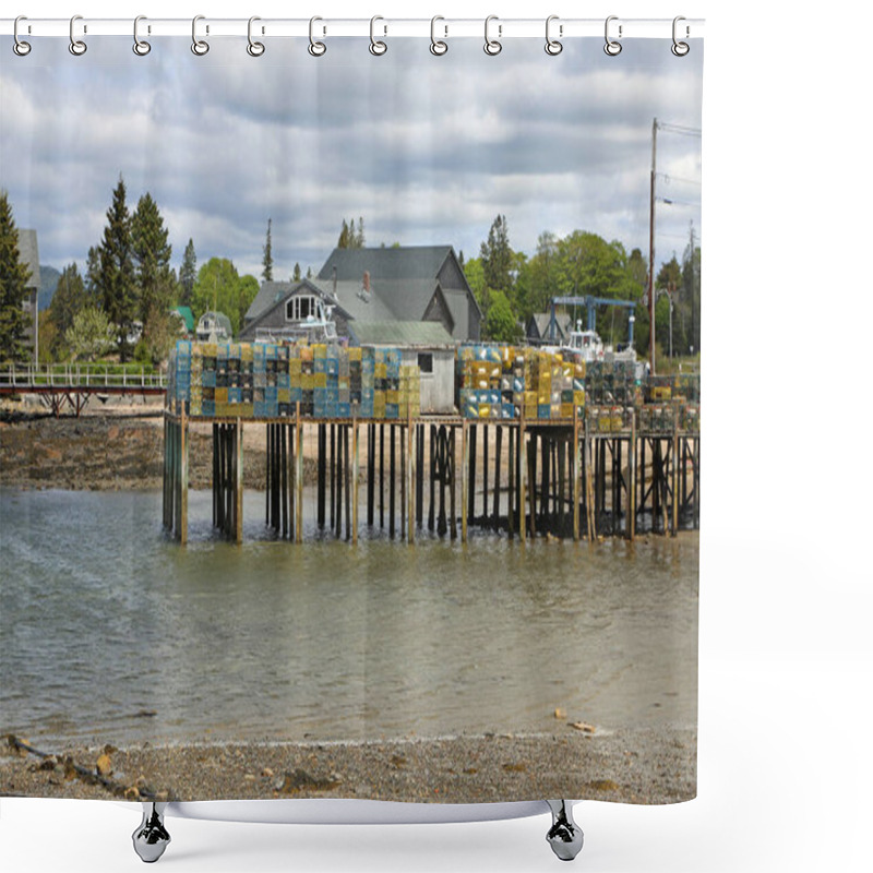 Personality  Pier With Lobster Traps - Little Island Marine - Mt Desert Island, Maine Shower Curtains