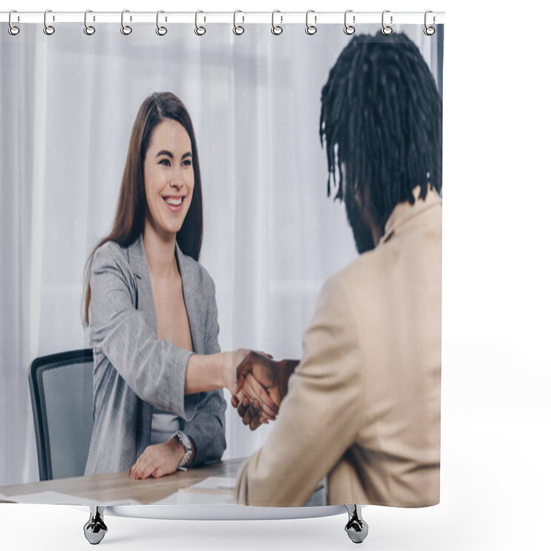 Personality  Selective Focus Of Employee Smiling And Shaking Hands With African American Recruiter At Job Interview In Office Shower Curtains