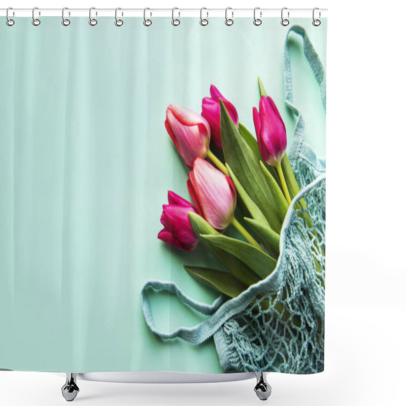 Personality  Spring Bouquet Of Pink Tulips In Eco Bag On A Pastel Green  Background. Copy Space, Flat Lay.  Shower Curtains