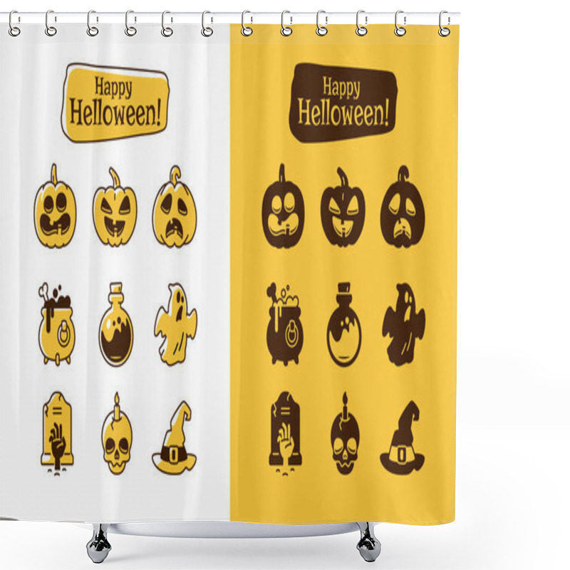 Personality  Set Of Halloween Icons. Holiday Pictograms Collection Of Pumpkin, Ghost, Magic Hat, Pot, Potion, Skull, Zombie. Shower Curtains