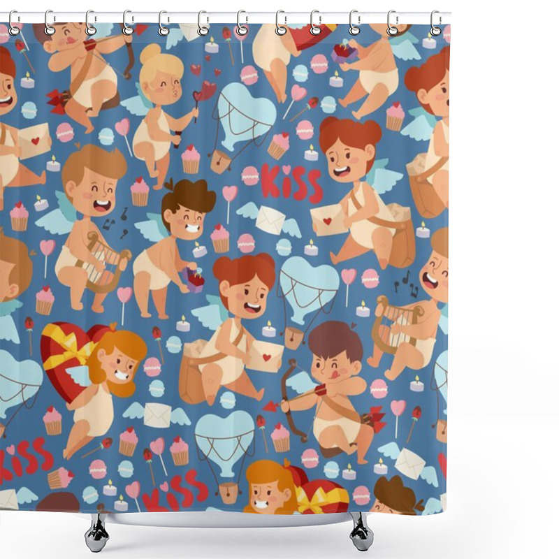 Personality  Cupid Babies In Seamless Pattern, Vector Illustration. Wrapping Paper For Valentine Day Present, Cute Little Angels Of Love. Cupid Aiming With Arrow, Heart Symbols Shower Curtains