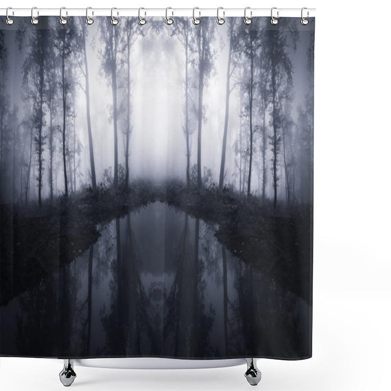 Personality  Fantasy Forest Background. Trees In Fog Reflecting In Dark Lake Water Shower Curtains