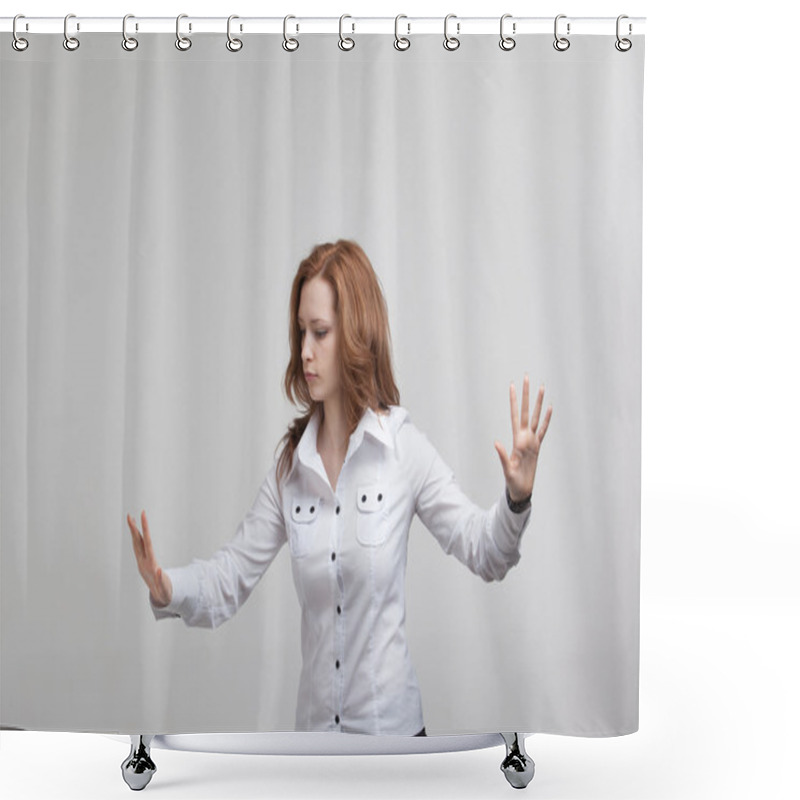 Personality  Young Girl Working With Virtual Screen Shower Curtains