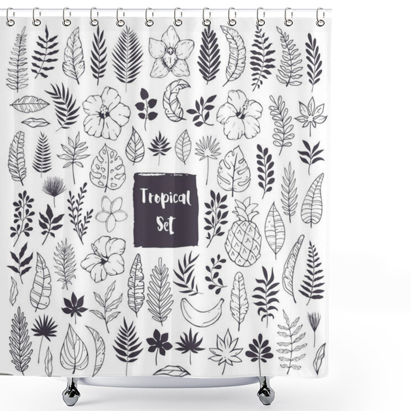 Personality  Hand Drawn Doodles And Sketches Of Tropical Leaves And Flowers Shower Curtains