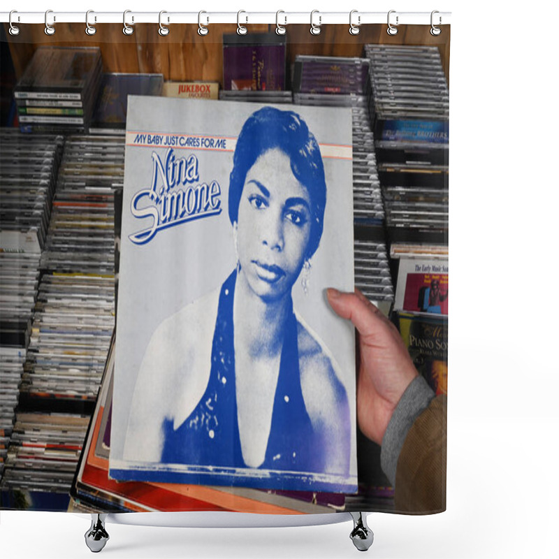 Personality  THE NETHERLANDS - FEBRUARY 2024: A 1982 Released LP Album, My Baby Just Cares For Me, By The American Singer, Songwriter, Pianist, Composer, Arranger And Civil Rights Activist Nina Simone, For Sale At A Collector's Fair Shower Curtains