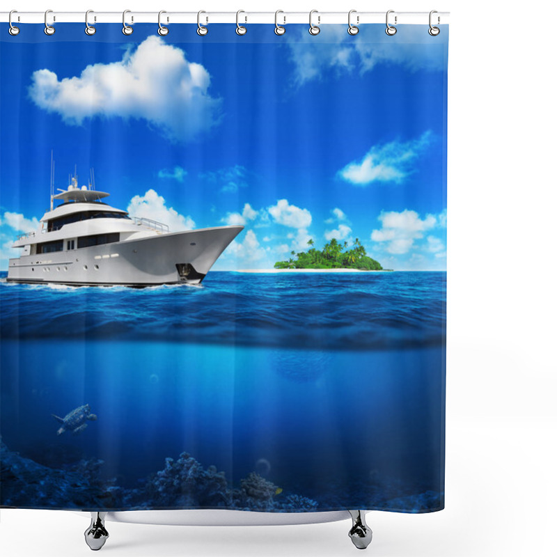 Personality  White Yacht In The Sea. Island With Palm Trees On The Horizon. T Shower Curtains