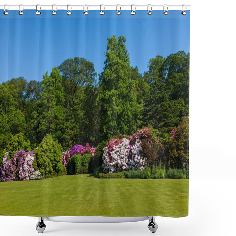 Personality  Rhododendron Azalea Bushes And Trees In Beautiful Summer Garden Shower Curtains