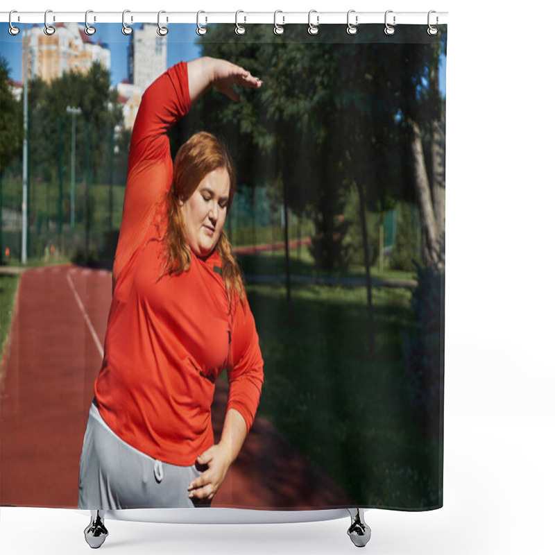 Personality  A Plus Size Woman Performs A Stretching Exercise Outdoors In The Park. Shower Curtains